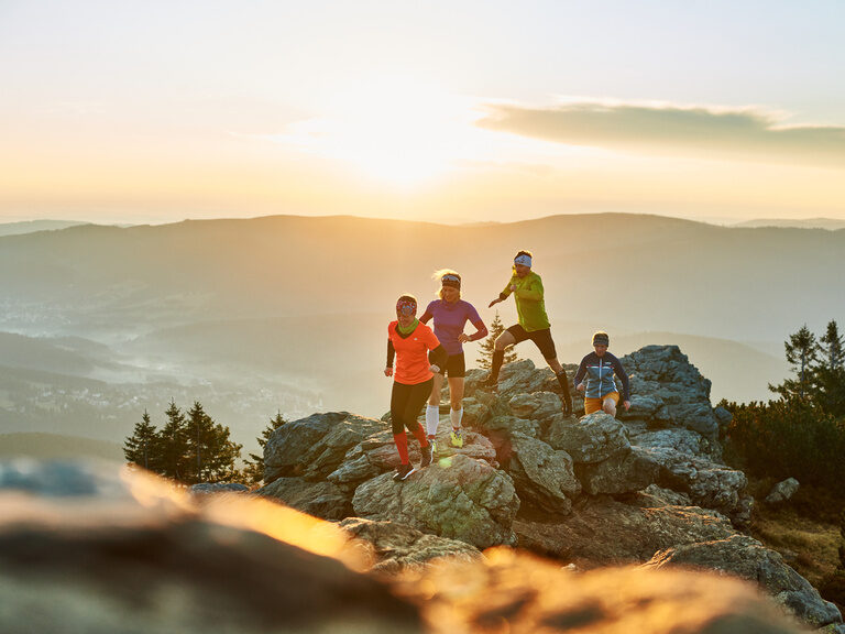 Eine Gruppe von Trailrunnern ist auf den Bergen im Bayerischen Wald unterwegs.